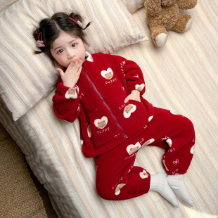 套装 女童秋冬季 家居服长袖 女宝儿童冬款 拉链 加绒加厚睡衣2025新款