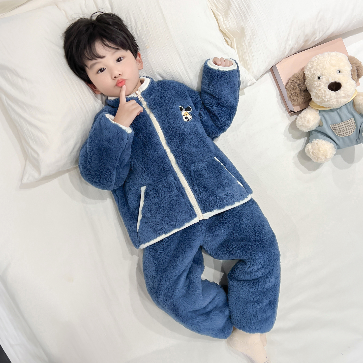 男童冬季珊瑚绒睡衣套装加厚保暖