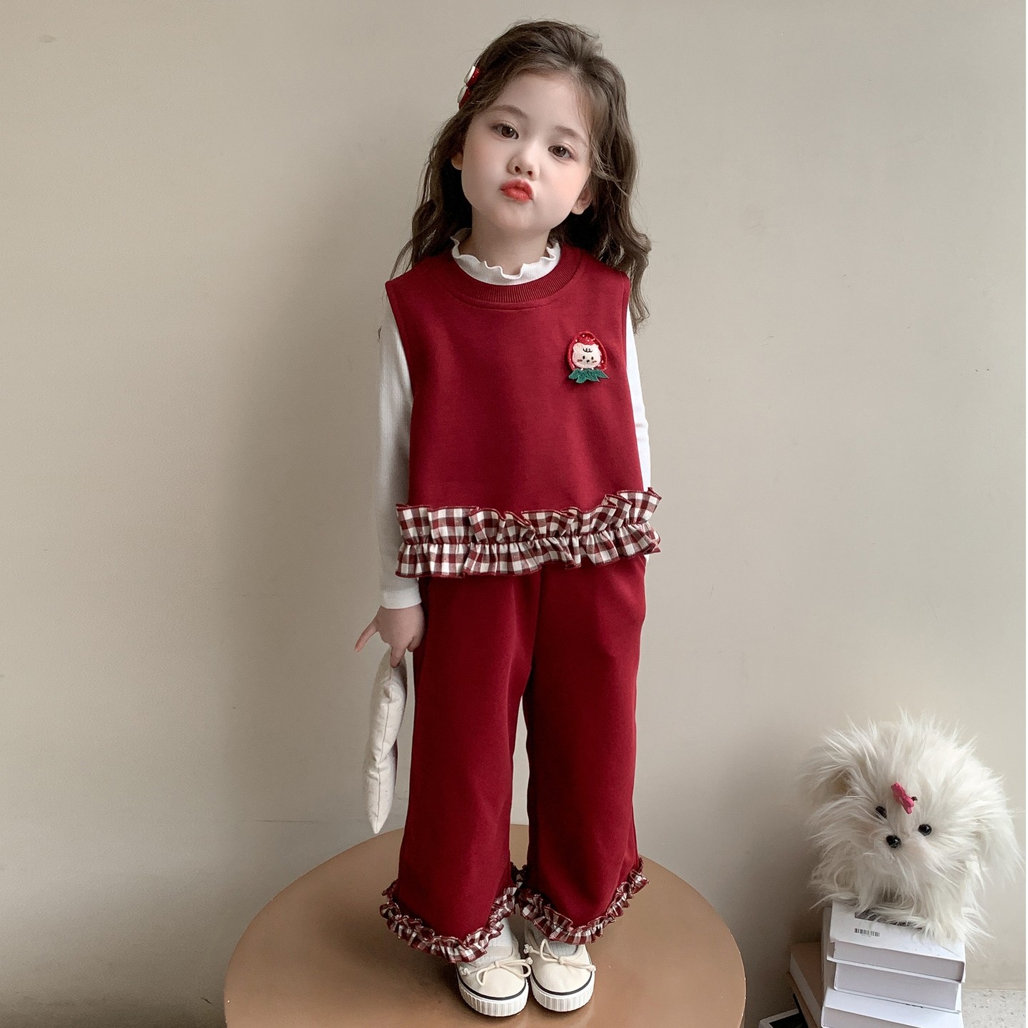 女童2025春秋季新款打底衫花边背心花苞裤三件套女宝宝甜美可爱潮,童装/婴儿装/亲子装,套装,淘宝优惠券,粉丝福利购,淘宝优惠卷