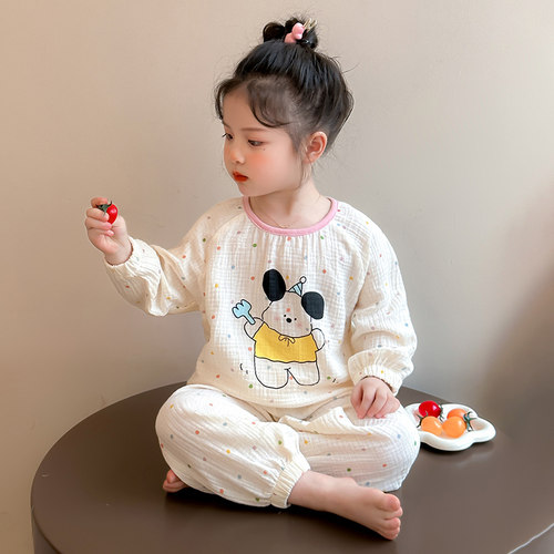 纯棉a类双层透气纱布女童睡衣