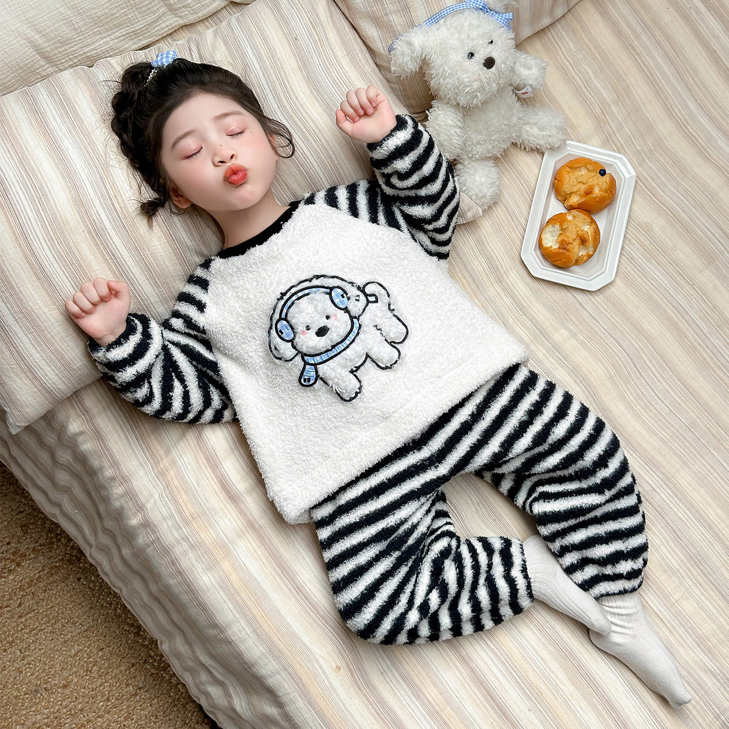 女童睡衣套装条纹插肩袖秋冬装新