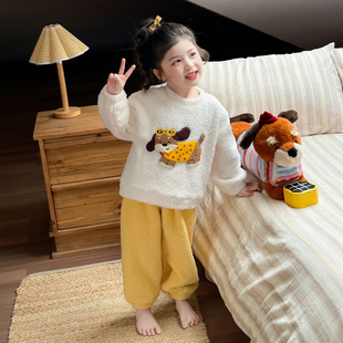 女童珊瑚绒睡衣套装秋冬2025新款女孩宝宝套头保暖冬季儿童家居服