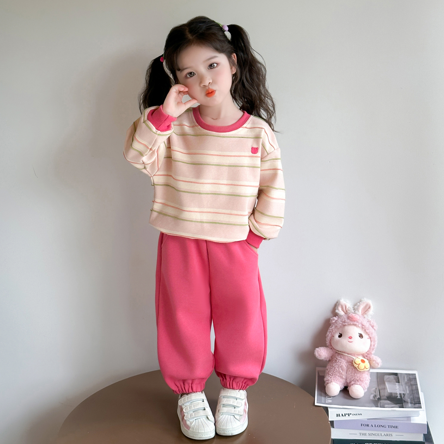 女童2025春秋季新款条纹小熊套装