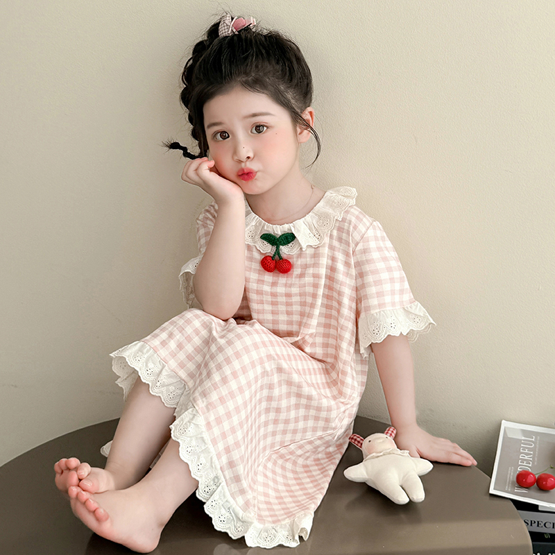 女童睡裙夏季格子睡衣家居服