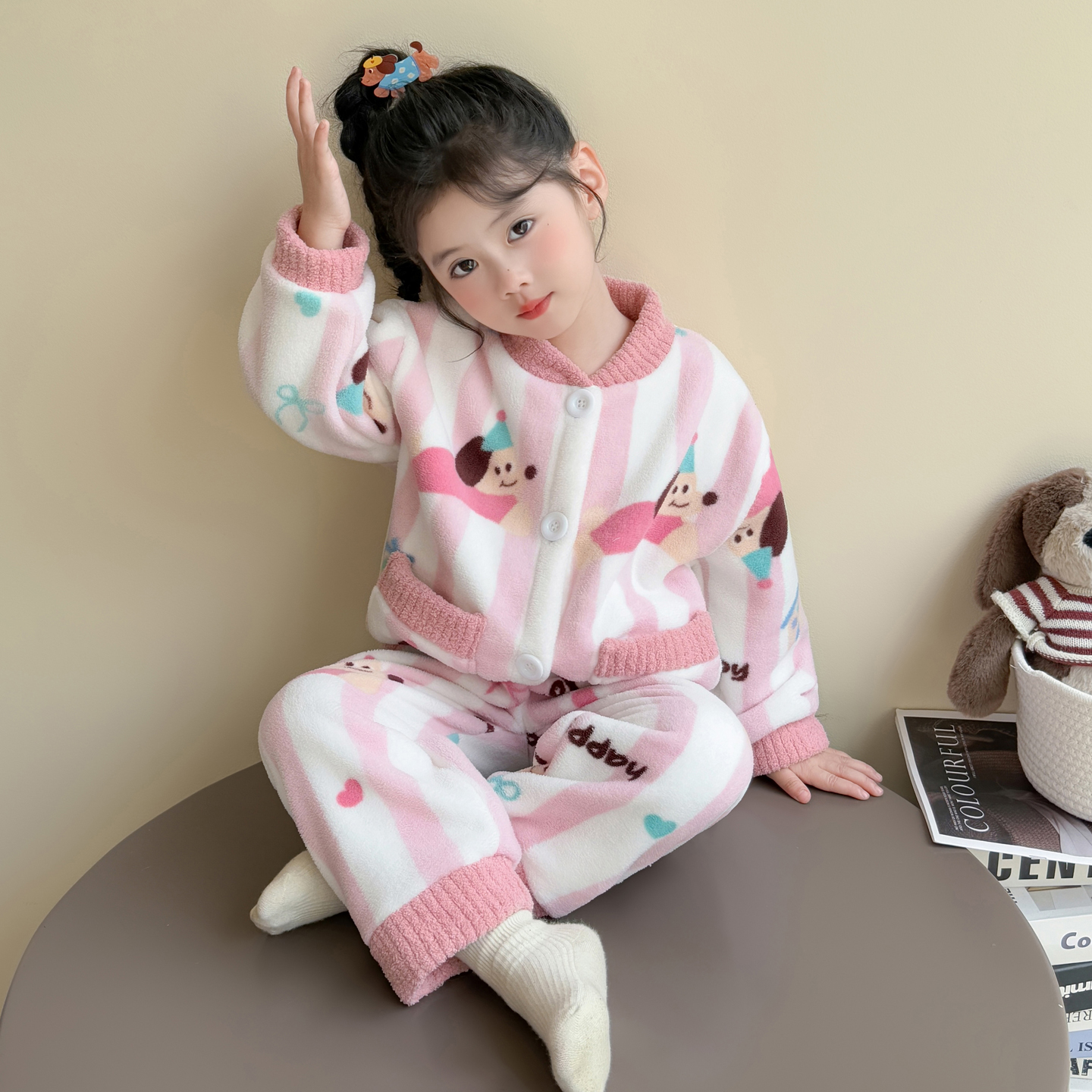 女童珊瑚绒睡衣套装2025新款秋冬