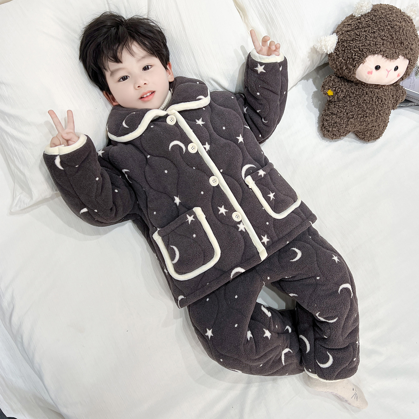 男童睡衣套装冬季2025新三层夹棉
