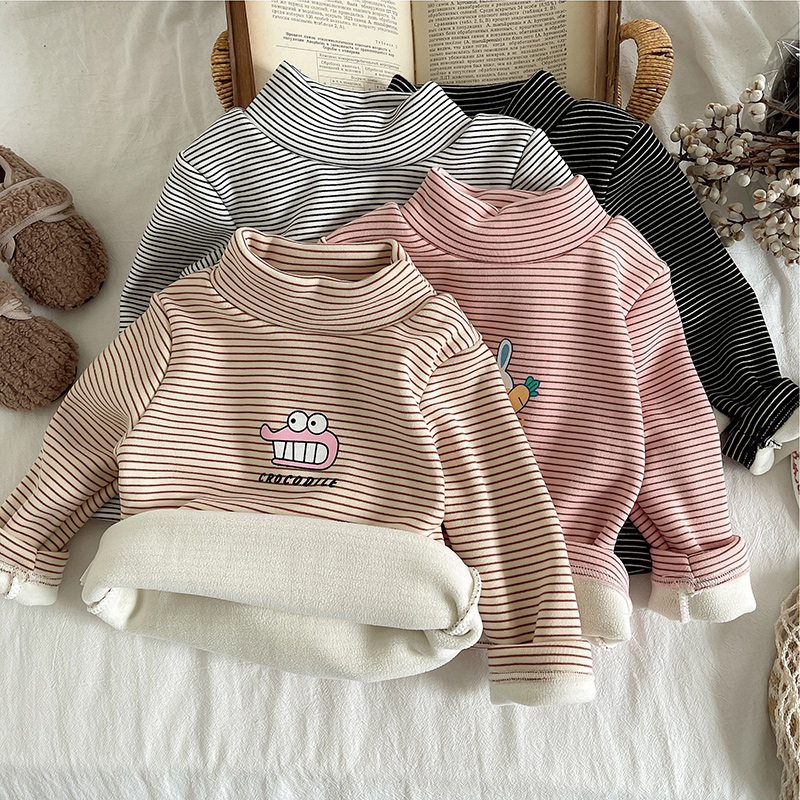 女童加绒条纹打底衫保暖内搭上衣