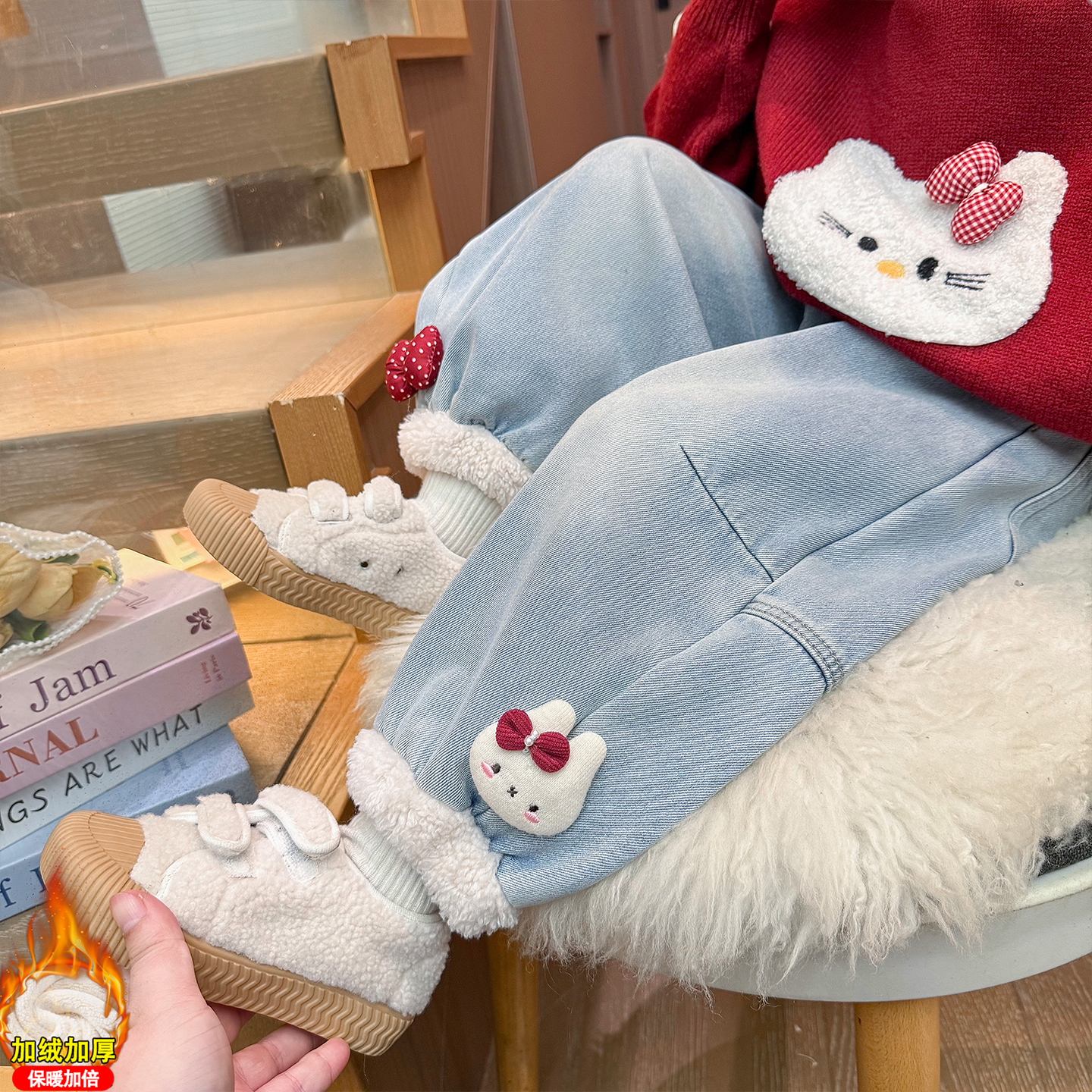 女童加厚羊驼绒牛仔裤冬季2025新