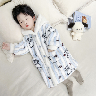 男童睡袍秋冬季珊瑚绒儿童加厚法兰绒睡衣家居服浴袍2025新款冬装