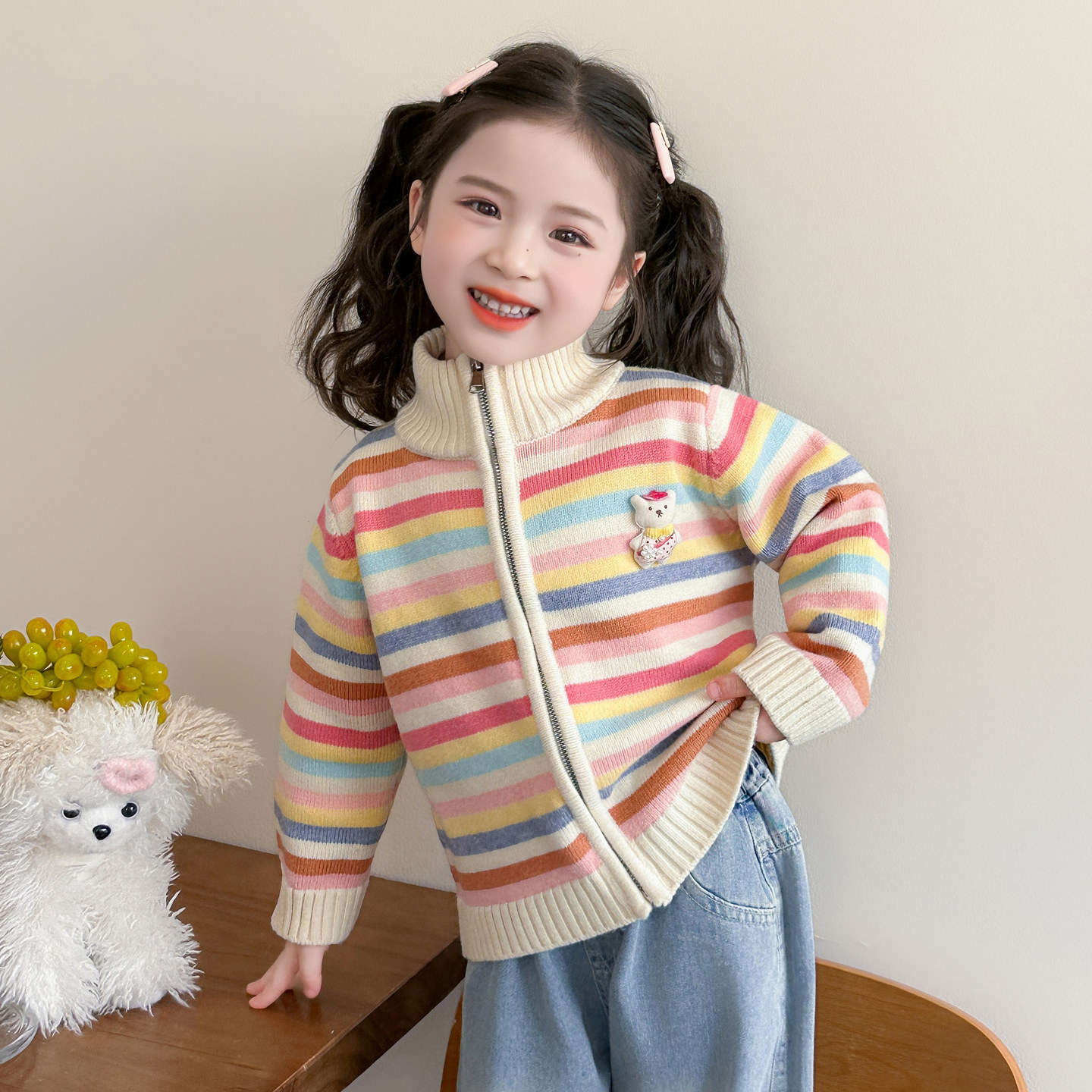 女童2026新款春装女宝宝针织毛衣拉链外套春季彩条纹儿童洋气上衣