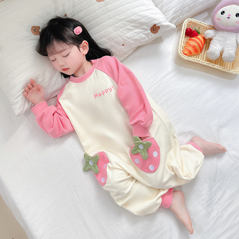 女童长袖纯棉连体睡衣春秋