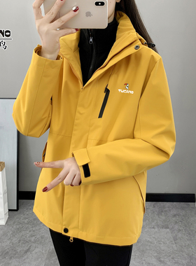 啄木鸟户外黄色冲锋衣女春秋季三合一可拆卸防风防水登山服外套男