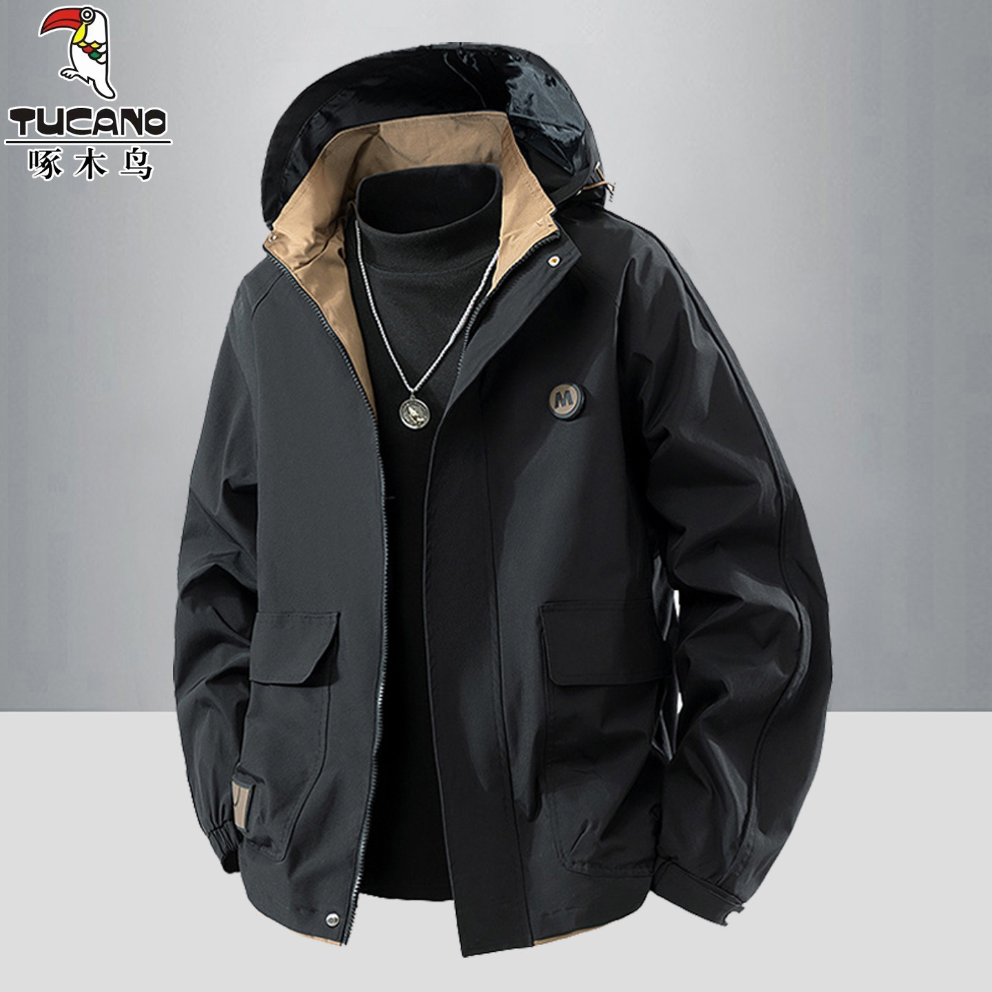 啄木鸟男士秋冬季可脱卸帽夹克春秋潮外套宽松大码防水加绒冲锋衣