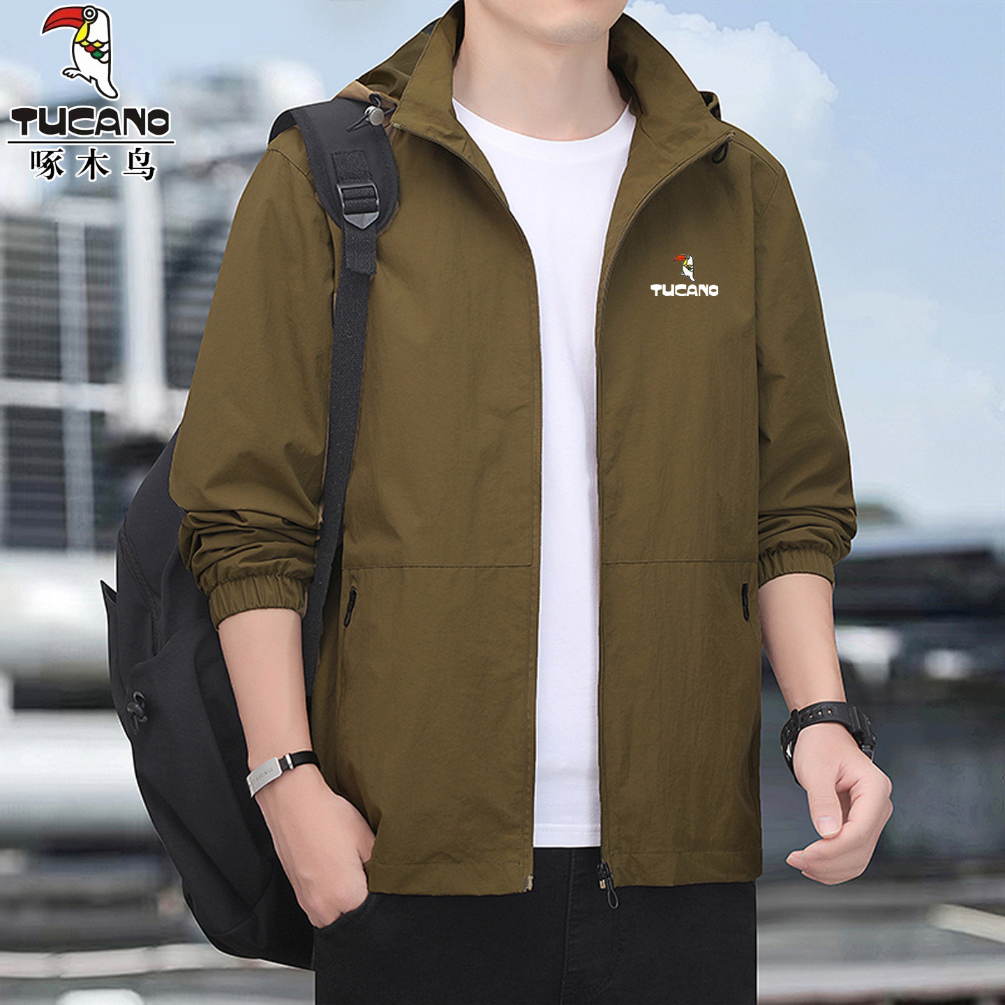 啄木鸟夹克男中年宽松大码春秋季户外运动防风防水冲锋衣工装外套