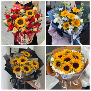 中高考向日葵玫瑰混搭花束东莞市凤岗大岭山长安虎门镇同城鲜花店
