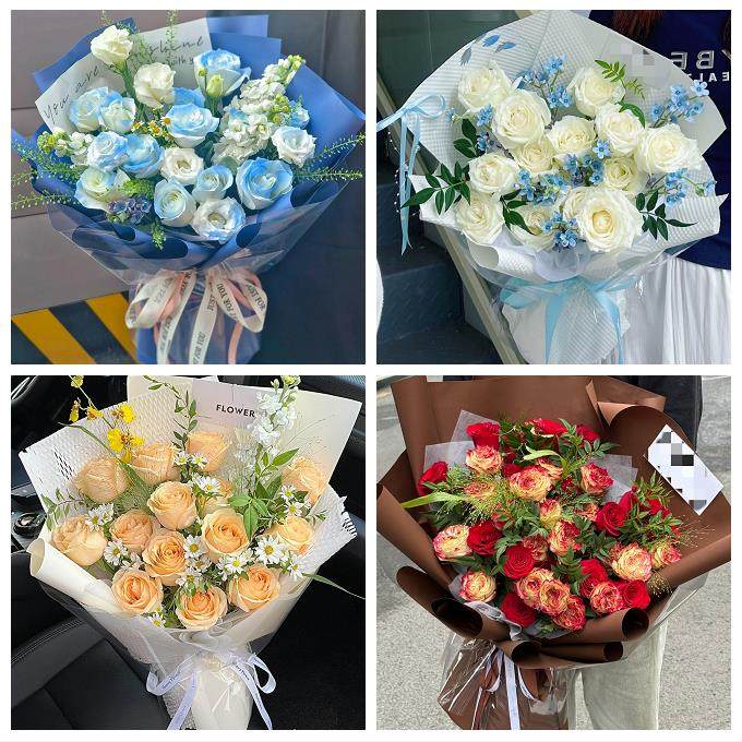 郑州上街惠济区中牟县巩义市同城鲜花店送卡布碎冰蓝玫瑰生日花束