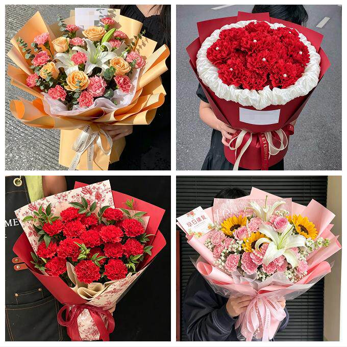 送岳阳市平江县汨罗市临湘市同城鲜花店配送母亲节康乃馨百合花束