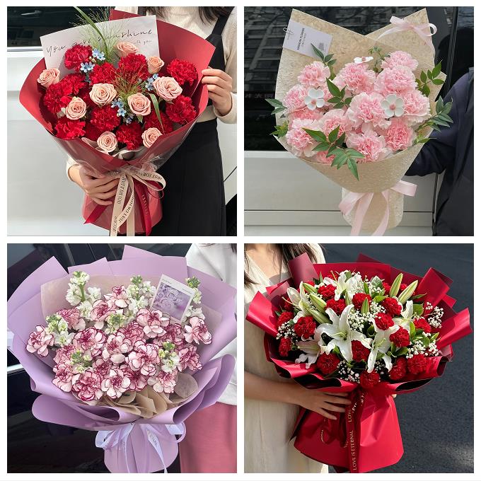 上海市奉贤区金汇四团青村镇同城鲜花店送康乃馨百合长辈生日花束