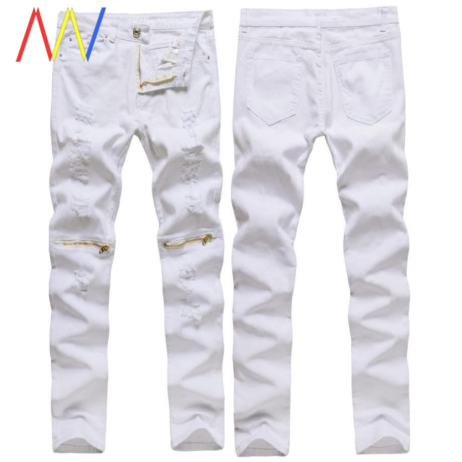 Red white ripped jeans pencil stretch pants men's trousers男