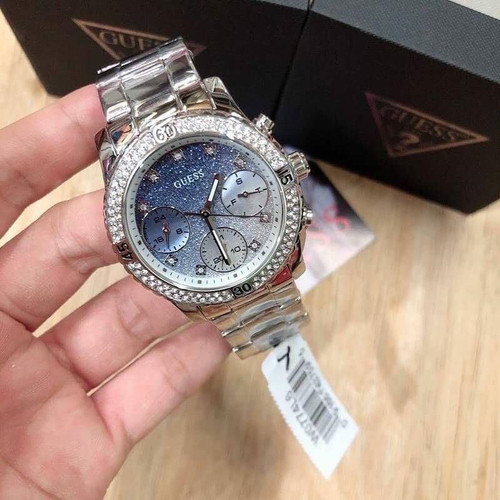 一件批发guess手表女钢带三眼渐变色满天星石英表生日礼物W0774L6