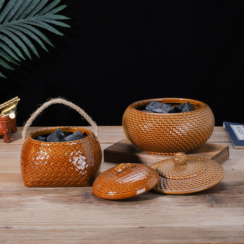 进口复古手提碳篓仿藤编炭炉装炭茶道茶室配件家用户外碳篮碳钵装