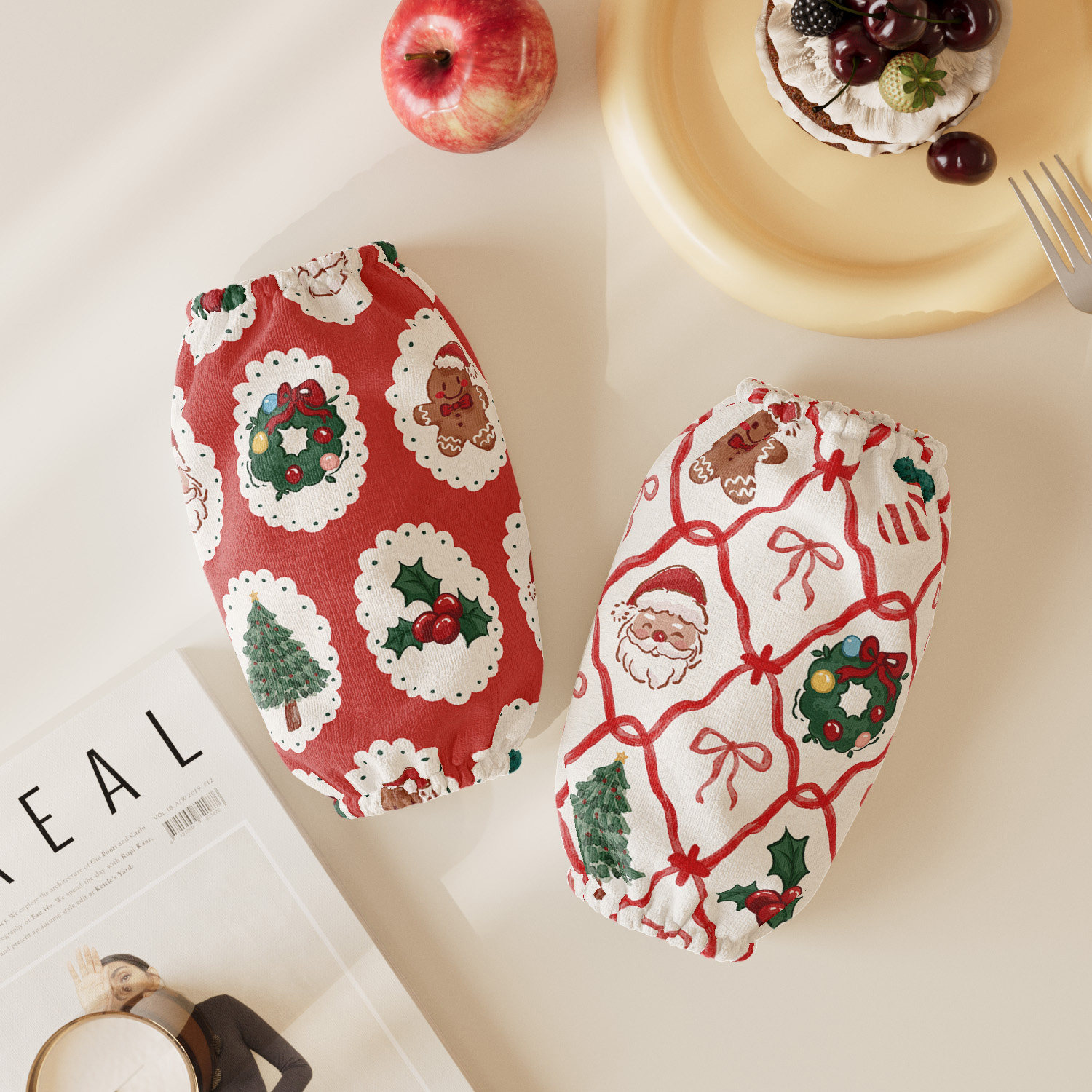 圣诞主题套袖女款办公室袖套2025新款秋冬卡通毛绒长款护袖防脏