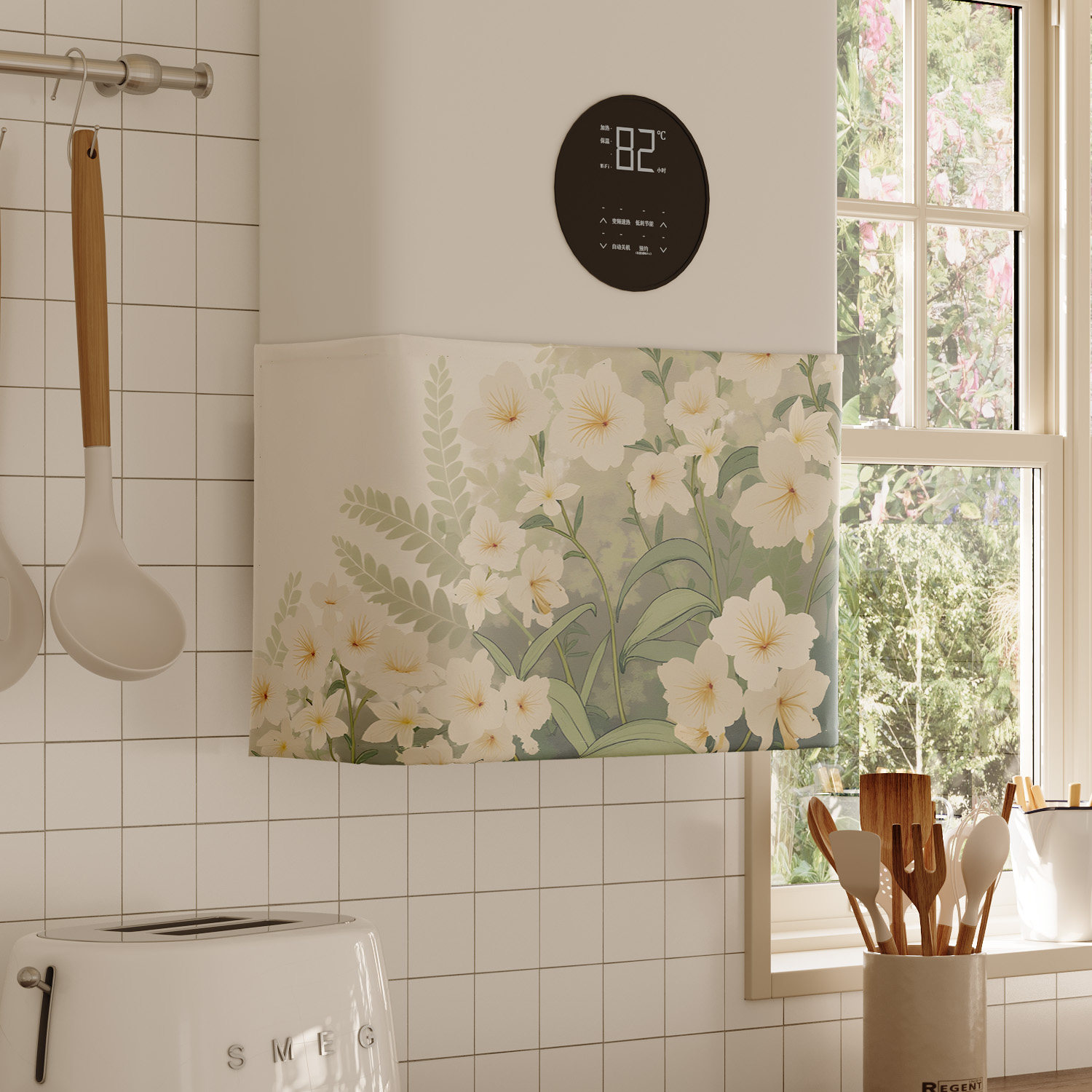 梦幻花草热水器遮挡帘罩布水管遮丑帘布厨房燃气炉装饰帘魔术贴帘