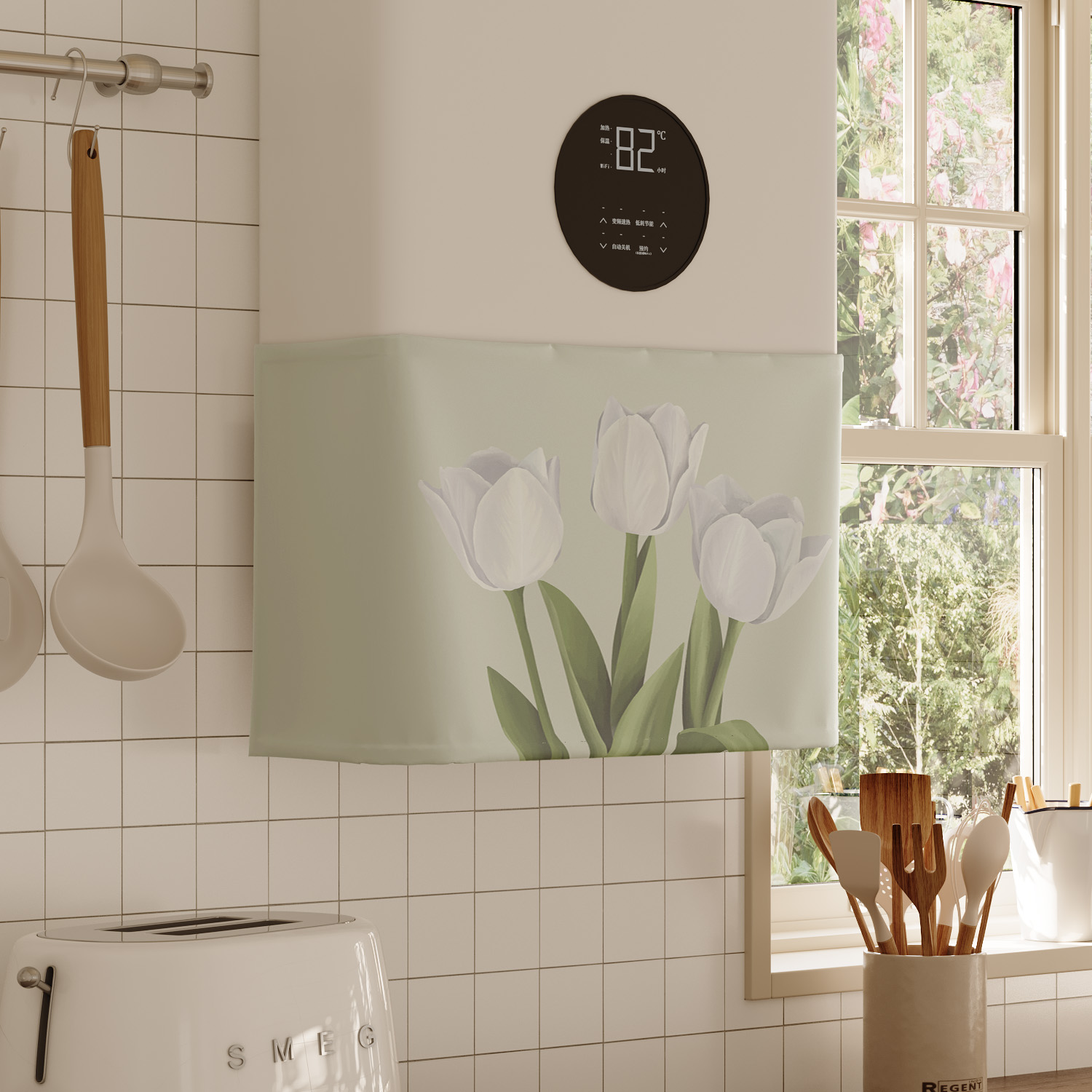 简约美式花卉热水器遮挡帘罩布水管遮丑帘布厨房燃气炉装饰帘魔术