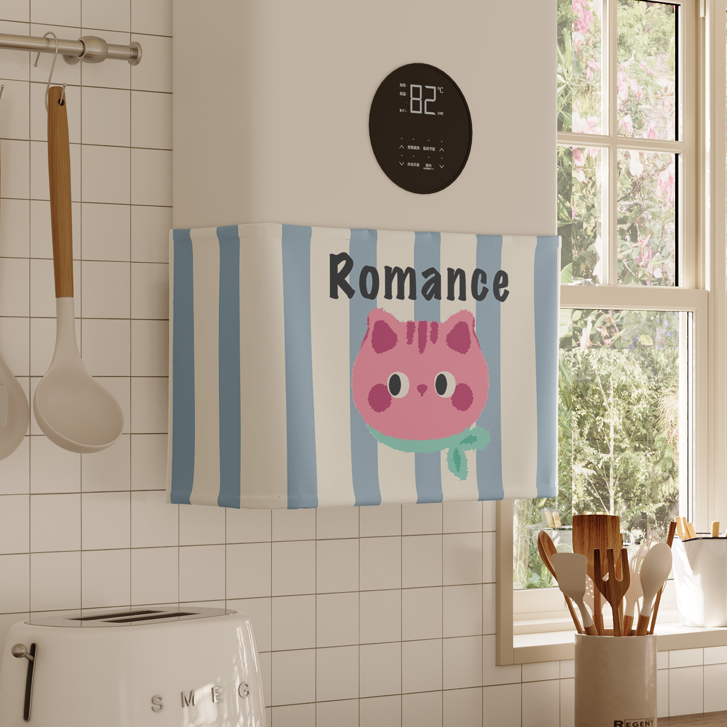 粉色小猫热水器遮挡帘罩布水管遮丑帘布厨房燃气炉装饰帘魔术