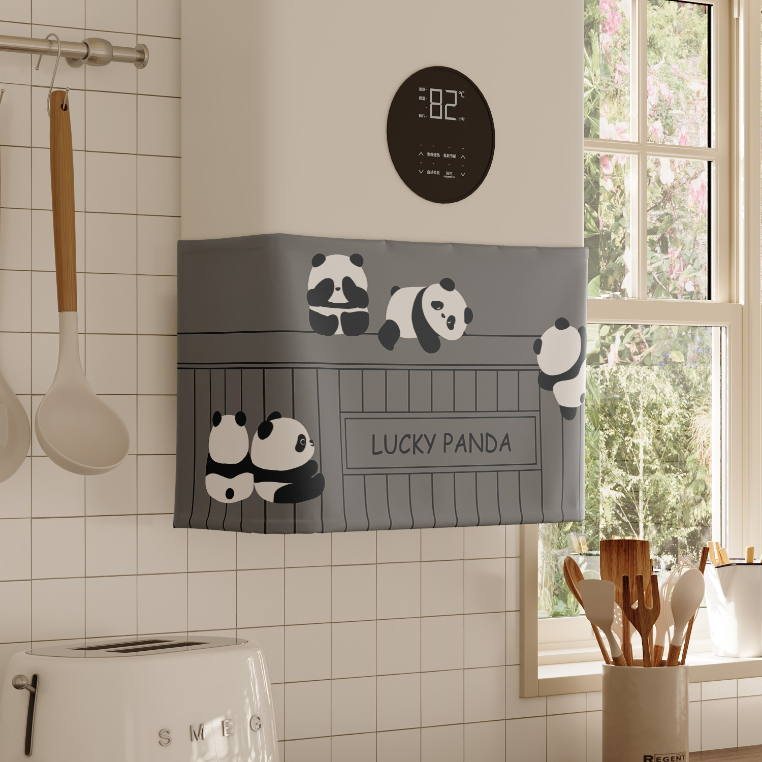 可爱大熊猫热水器遮挡帘罩布水管遮丑帘布厨房燃气炉装饰帘魔术