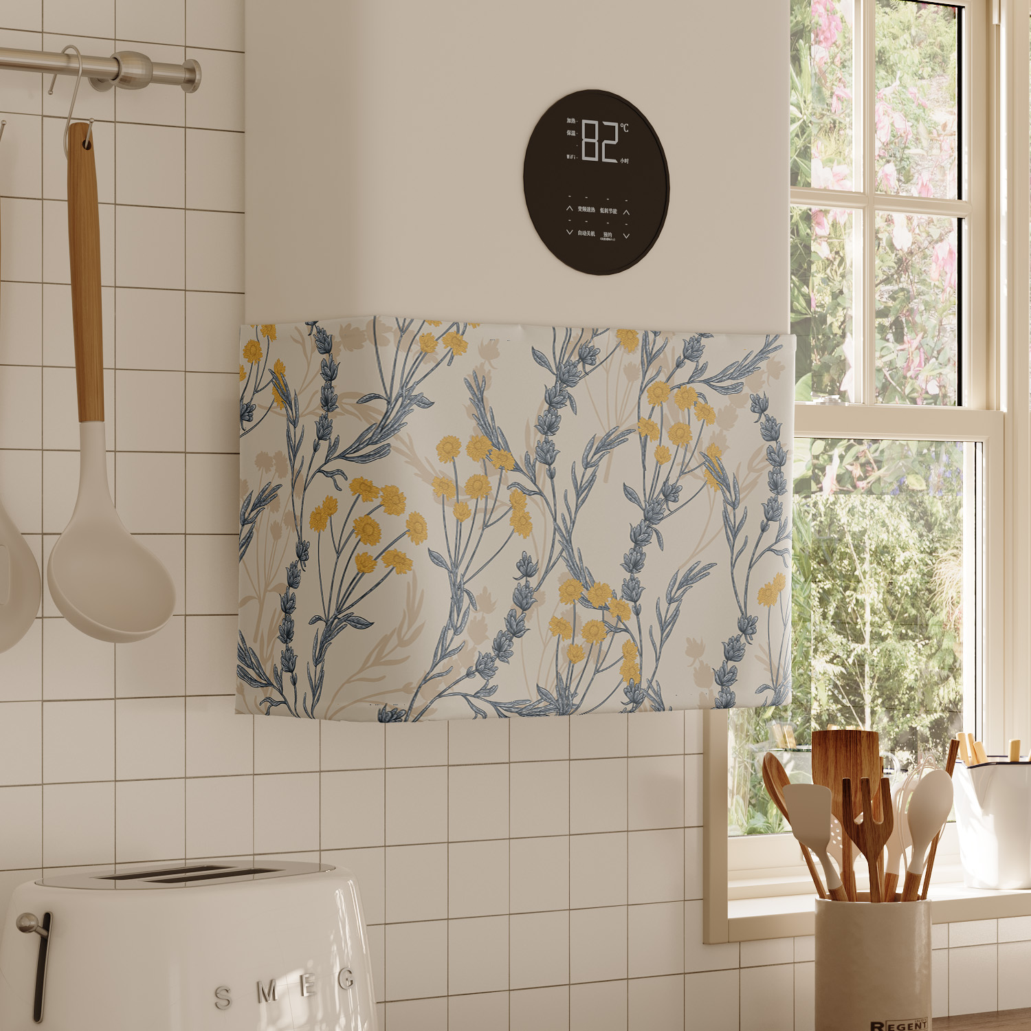 美式手绘花鸟热水器遮挡帘罩布水管遮丑帘厨房燃气炉装饰魔术贴帘