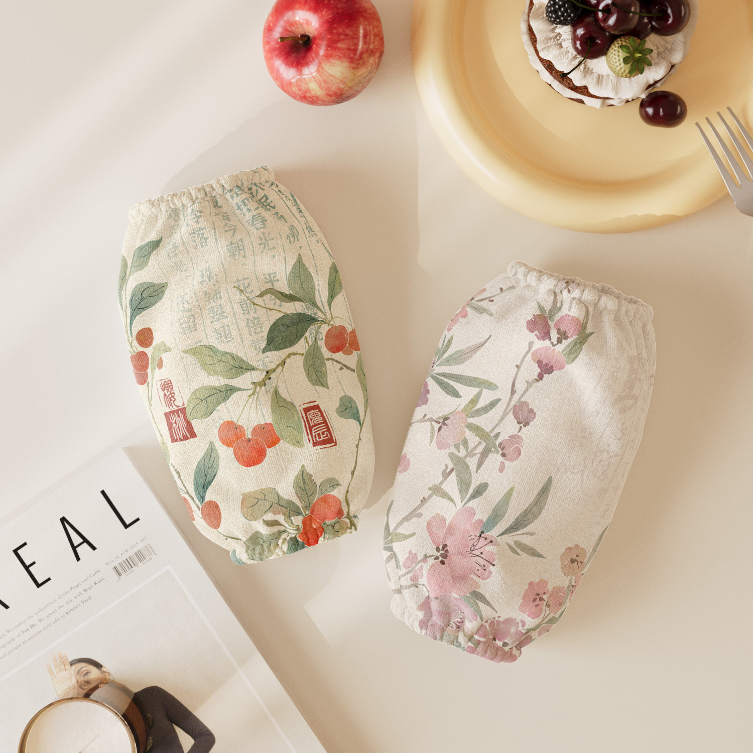 古风小枝套袖女款办公室袖套2025新款秋冬卡通毛绒长款护袖防脏