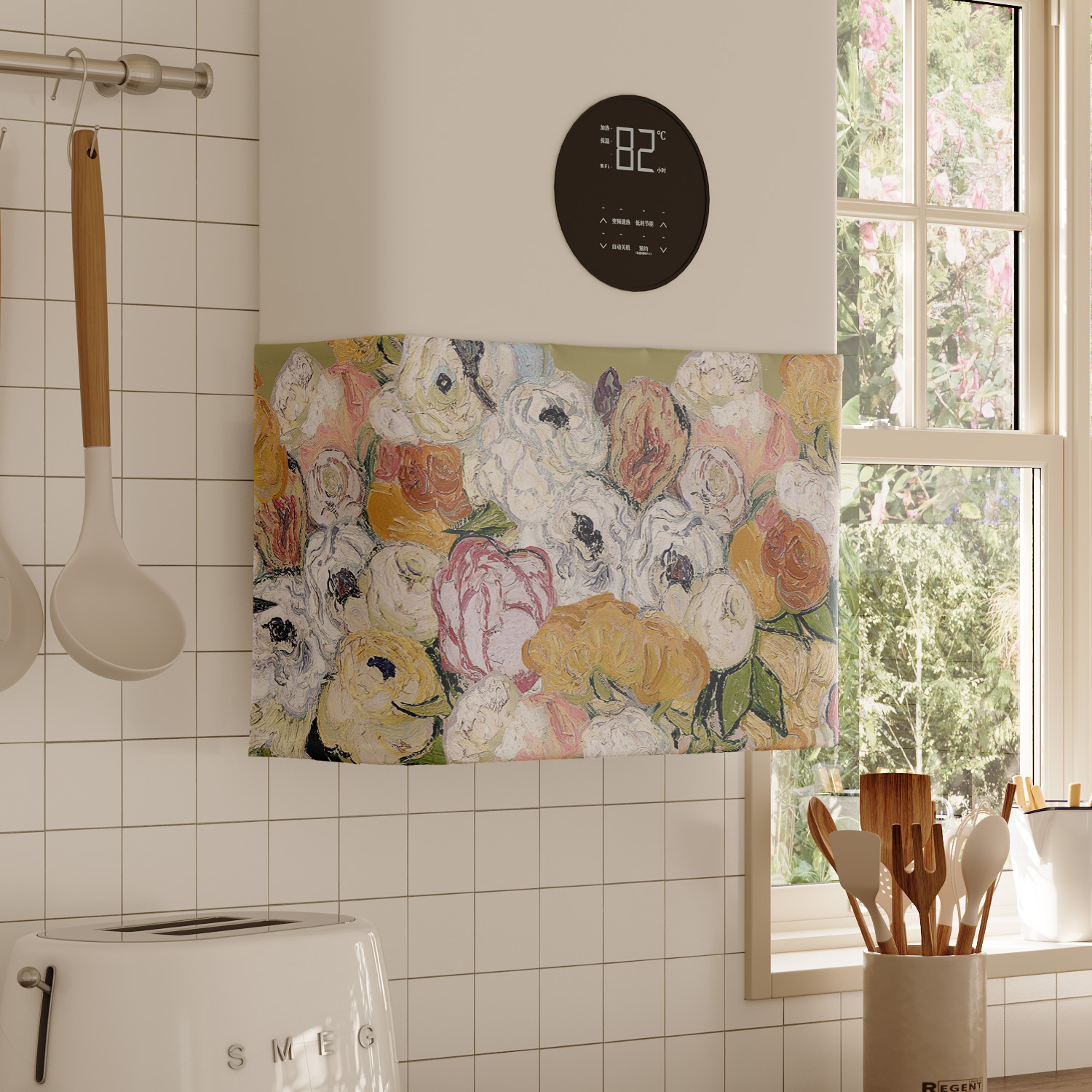 梵高创意花朵热水器遮挡帘罩布水管遮丑帘布厨房燃气炉装饰帘魔术
