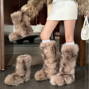 拼色斑纹高筒毛毛靴丑萌厚底毛茸茸雪地靴女款冬季加绒加厚长筒靴