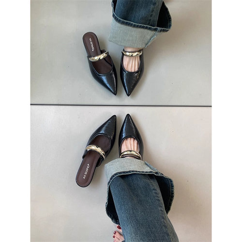 内增高坡跟尖头包头半拖鞋