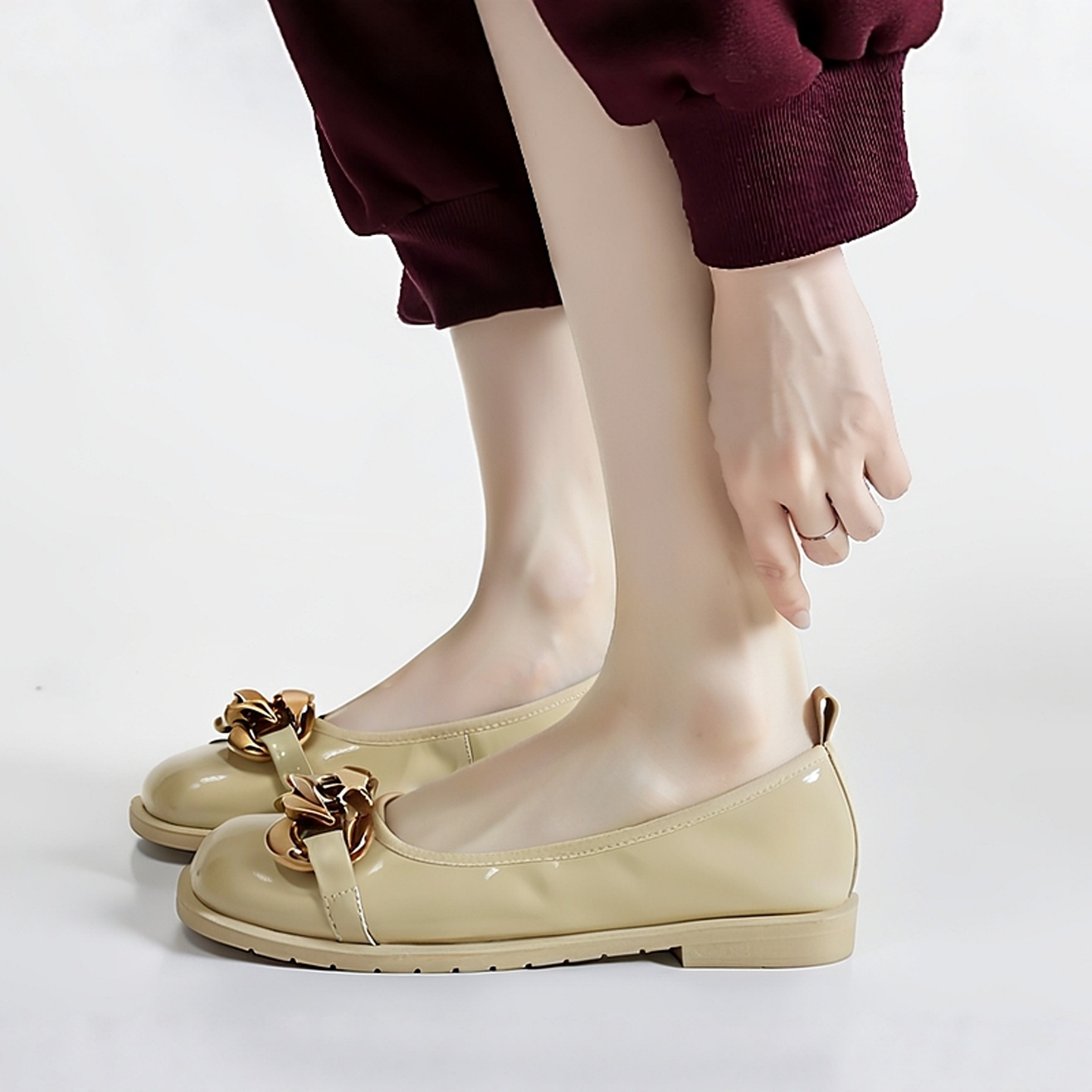 漆皮玛丽珍鞋浅口金属链条