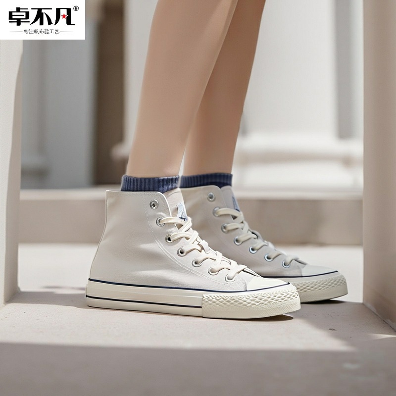 卓不凡高帮帆布鞋女款春秋款百搭平底春秋季古款校园休闲运动