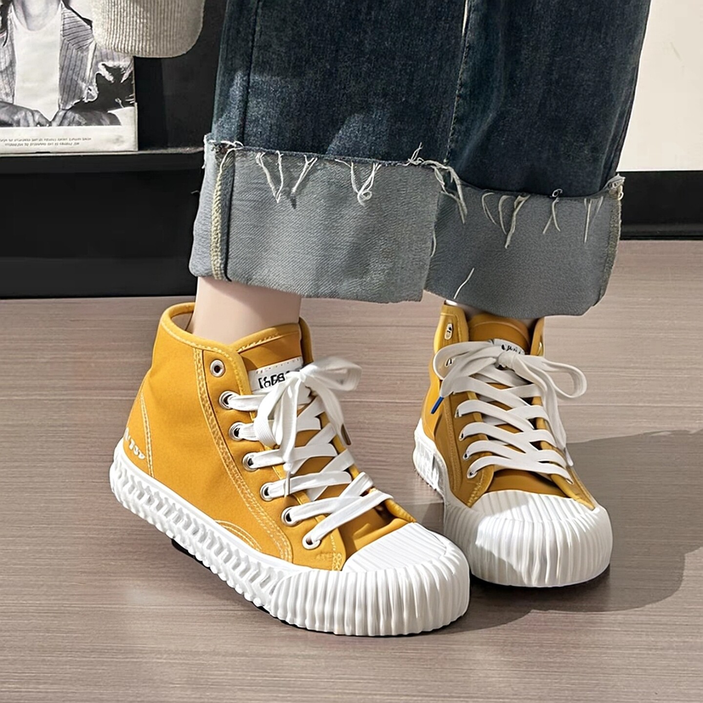 飞跃2025年高帮小众饼干鞋女夏季黑色学院新款纯色帆布鞋圆头系带