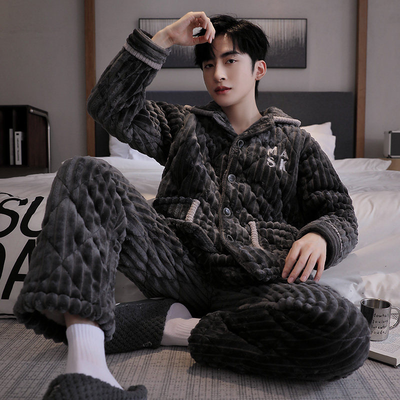 秋冬季睡衣男款珊瑚绒夹棉家居服