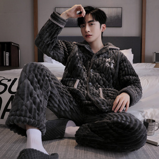 秋冬季睡衣男款珊瑚绒夹棉三层加绒加厚保暖长毛绒简约休闲家居服