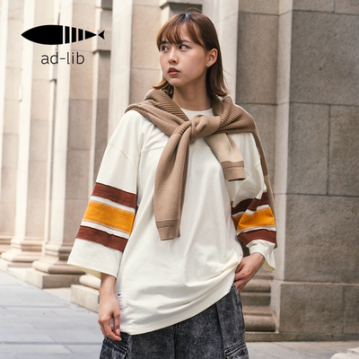 adlib香港 美式夏季男女七分袖横间散口细节设计短袖T恤 TP1662