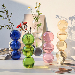 饰摆件 创意多个玻璃圆球相连花瓶简约透明花朵容器圆球玻璃花瓶装