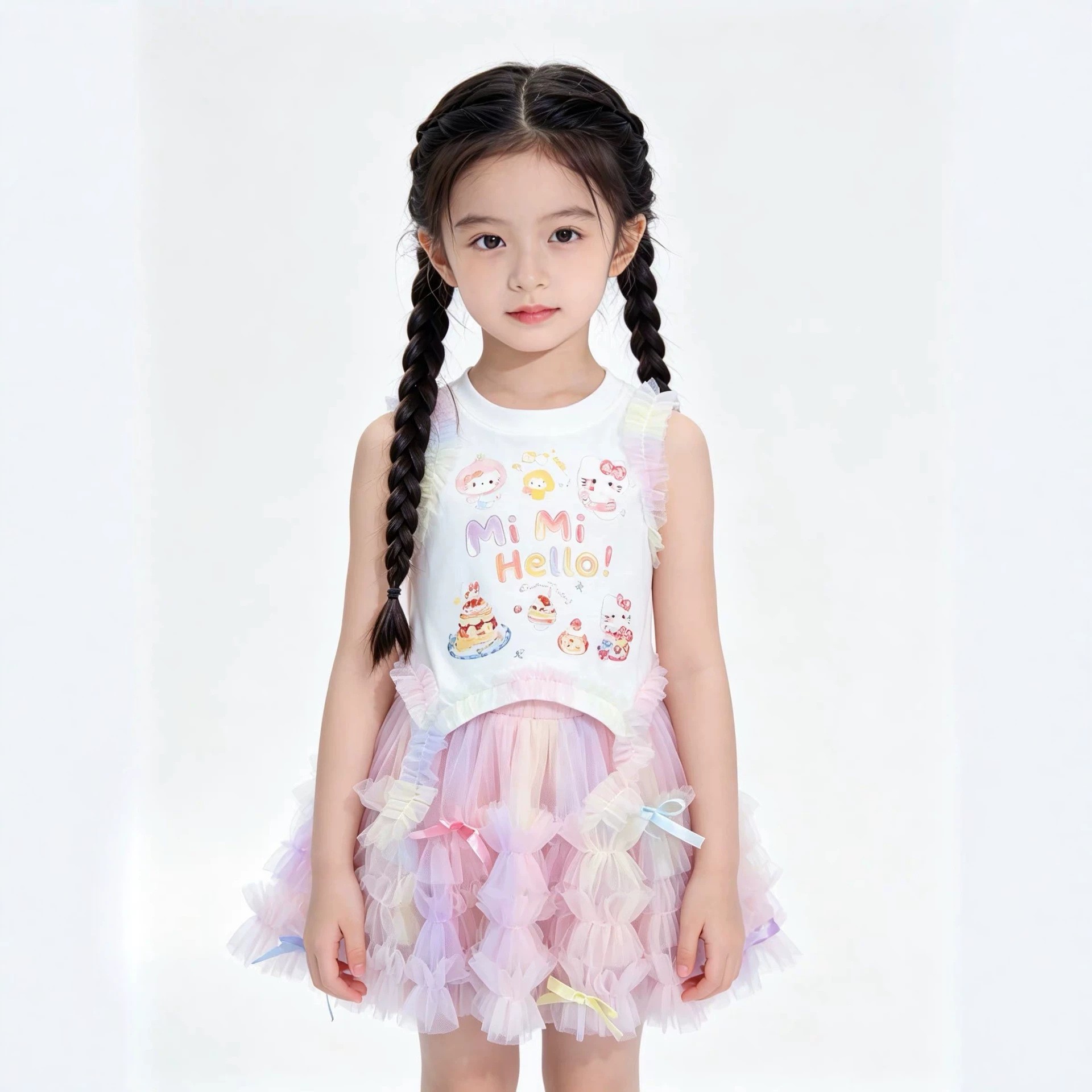 2026夏季新款印花彩色半身裙女宝宝百搭无袖上衣超甜儿童背心套装