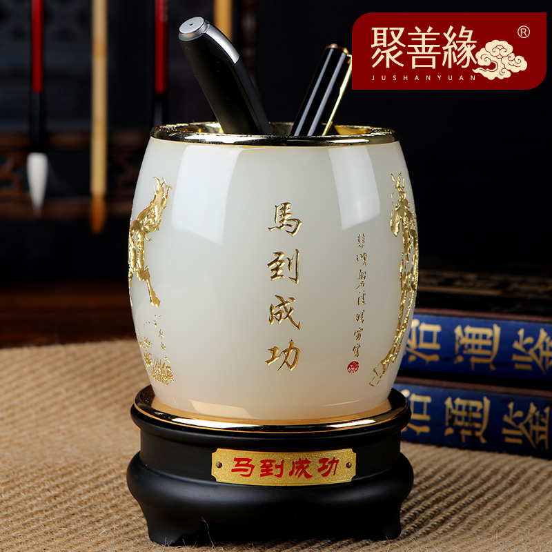 马到成功琉璃玉笔筒摆件老师老板办公室桌面实用摆件高档商务礼品 Изображение 1 马到成功琉璃玉笔筒摆件老师老板办公室桌面实用摆件高档商务礼品 Изображение 1