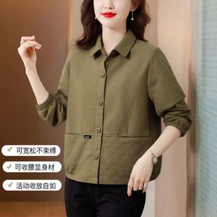 翻领气质妈妈装二八月短外套休闲衬衫宽松遮肚子风衣女短款夹克衫