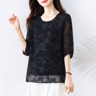 韩版新款雪纺衫提花高档女士上衣七分袖遮肉黑色上衣夏季宽松T恤