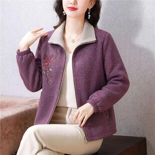 夹棉短外套秋冬开衫中老年妈妈装女士上衣外穿复古翻领二棉服