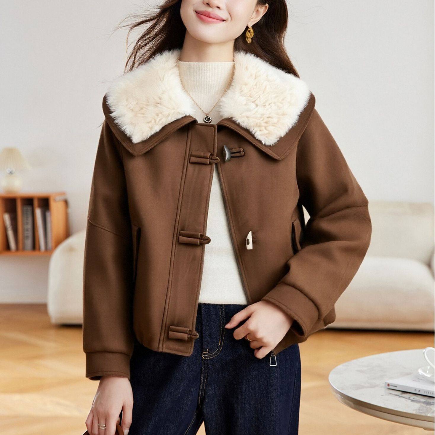 今年爆款外套女鹿皮绒皮毛一体大衣短款减龄加绒上衣保暖洋气棉服