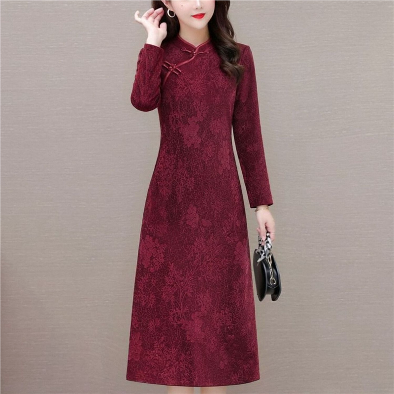 高档提花连衣裙时尚改良旗袍裙复古妈妈装婚宴礼服洋气喜婆婆裙子图片