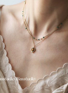 Basstudio 欧美ins风绿孔雀石人造穿珠项链小众锁骨链女式钛钢